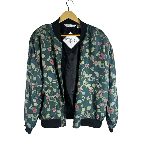 Royalty Silks Jacket Mens Small Green Geometric Silk Bomber Shoulder Pads - Picture 1 of 11